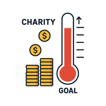 Charity fundraising goal thermometer with stacks of coins