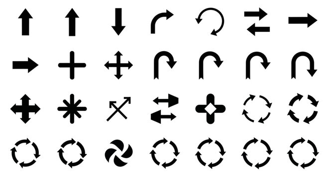 Arrow and Navigation Icons: Directional arrows, plus signs, circles, rotation symbols, starbursts.