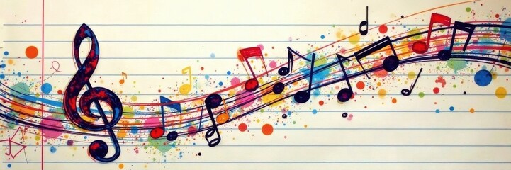 Hand-drawn musical swirls and shapes on ruled paper background , score, visual, visual art