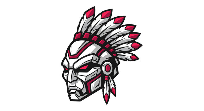 Illustration of a Native American headdress with a fierce expression on a white background with red accents.