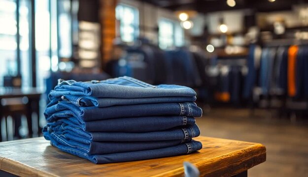 Stack of folded blue denim jeans on wooden table in modern clothing retail store, neat pile of various shades of blue jeans from dark to light denim, clothing racks and store interior visible in bac