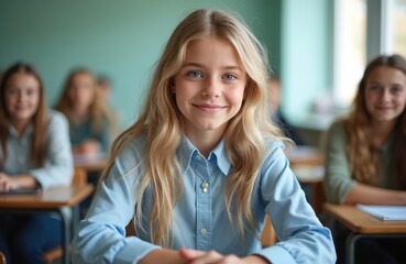 Obraz premium Young blonde girl smiles in classroom during lesson. Other pupils sit at desks behind her. Education, learning, school day, young minds at work.