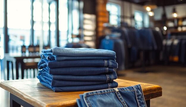 Stack of folded blue denim jeans on wooden table in modern clothing retail store, neat pile of various shades of blue jeans from dark to light denim, clothing racks and store interior visible in bac