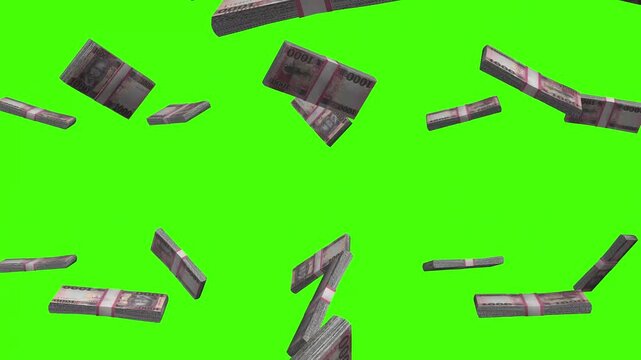 South Sudanese Pound banknotes falling on green screen, SSP currency rain