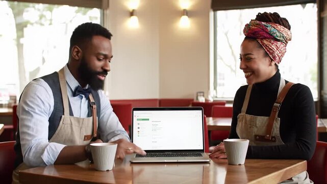Young Black hospitality pros in aprons collaborate on laptop in bright restaurant with red chairs, natural light, shallow depth of field. Concept of digital transformation