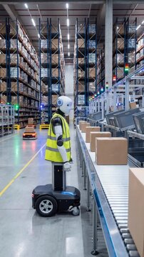 Bipedal warehouse robot placing cardboard box on conveyor belt. Automated logistics and sorting process in modern distribution center. Vertical video with tilting camera movement.