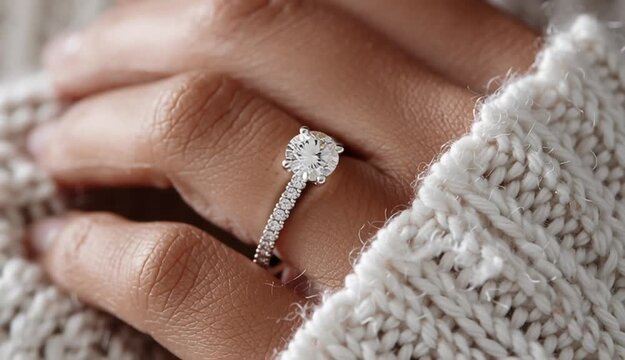 Close-up photograph of hand wearing diamond engagement ring with round solitaire stone and pave band, fingers touching white knitted sweater