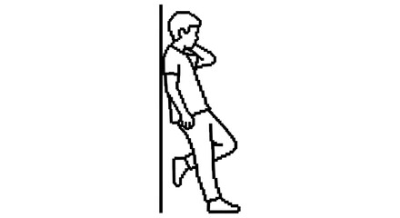 Obraz premium pixel art man leaning against wall a minimalist black and white character graphic for modern ui design or web elements.