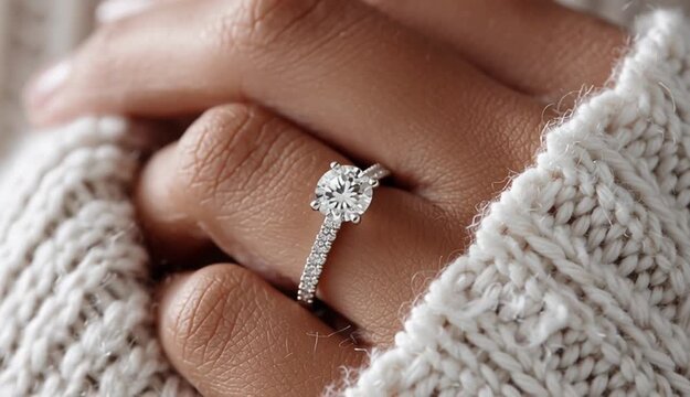 Close-up photograph of hand wearing diamond engagement ring with round solitaire stone and pave band, fingers touching white knitted sweater