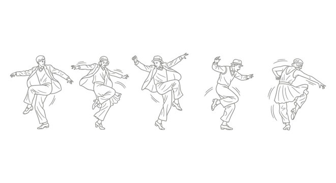 swing dance illustration featuring a group of vintage-styled dancers performing energetic moves from the 1920s for retro design projects