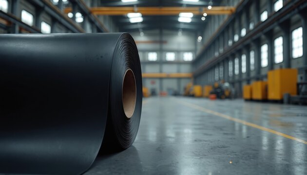 Large black rubber roll sits on industrial concrete floor. Warehouse interior with yellow machinery and long windows. Manufacturing material for construction or automotive needs.