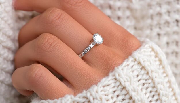 Close-up photograph of hand wearing diamond engagement ring with round solitaire stone and pave band, fingers touching white knitted sweater