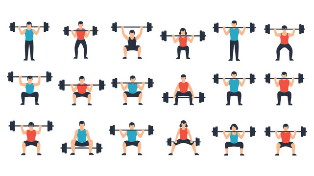 Flat design workout exercises set with diverse people doing strength training at gym