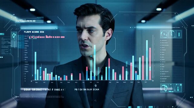Financial analyst interacting with holographic data interface in futuristic office. Medium shot with tilting camera movement.