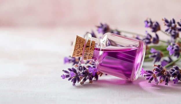 Small glass bottle with cork stopper containing lavender essential oil placed on white rustic wooden surface, fresh purple lavender flowers arranged beside the bottle
