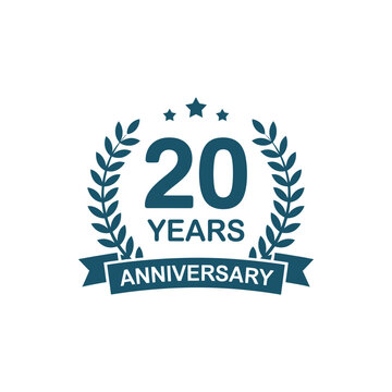 A teal and white logo celebrating a 20 year anniversary milestone
