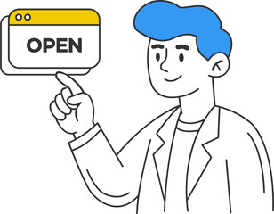 Obraz premium Cartoon Man Holding Open Sign Illustration.