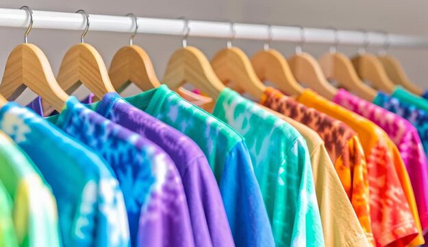 Row of colorful tie-dye t-shirts hanging on wooden hangers on clothing rack, vibrant rainbow colors including turquoise, yellow, orange, blue, purple, and green tie-dye patterns, retail clothing dis