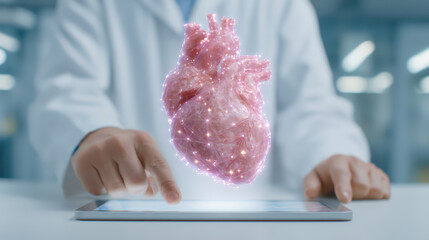 Fototapeta premium Digital hologram of human heart projected above tablet with doctor in white lab coat interacting, symbolizing advanced medical technology and healthcare innovation