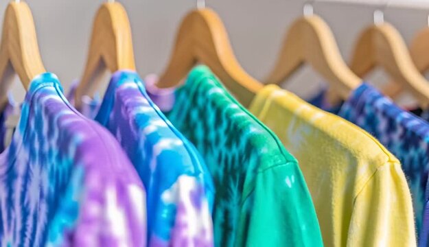 Row of colorful tie-dye t-shirts hanging on wooden hangers on clothing rack, vibrant rainbow colors including turquoise, yellow, orange, blue, purple, and green tie-dye patterns, retail clothing dis