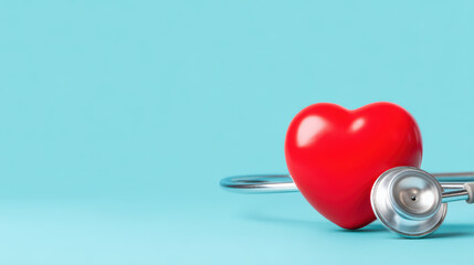Red heart model with stethoscope on blue background symbolizing health care and medical checkup concept