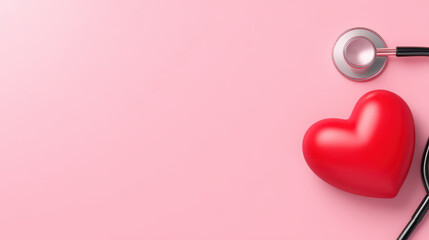 Red heart model and stethoscope on pink background, symbolizing health care and love, minimal style with close up focus and soft lighting for emotional impact