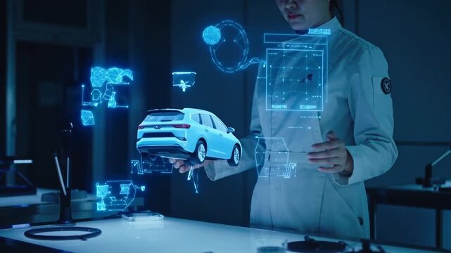 Automotive engineer interacting with holographic car model in high-tech laboratory. Futuristic vehicle design and engineering concept. Panning camera movement with medium shot.