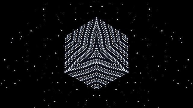 Dynamic futuristic logo animation with hexagonal shape and particles moving in space with abstract background