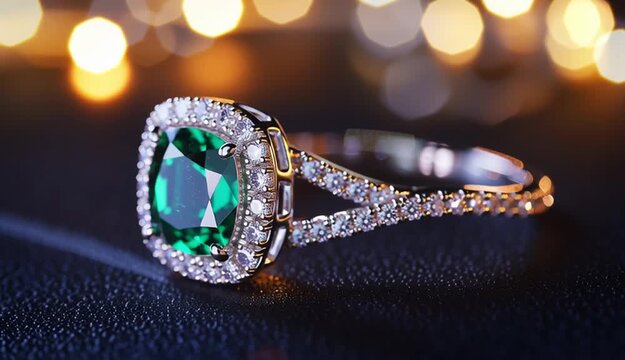 Luxury emerald engagement ring with cushion-cut green gemstone surrounded by diamond halo and twisted pave band, placed on dark textured surface