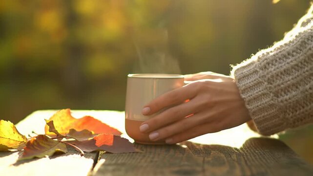 Hand in neutral chunky knit sweater delicately places steaming mug on rustic wooden table with vibrant autumn leaves, soft-focused autumn forest bokeh, golden hour glow, hygge comfort atmosphere.