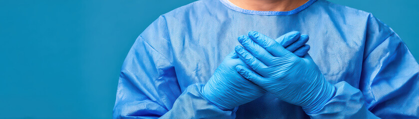 Person wearing blue medical gown and gloves with hands crossed on chest showing care and protection gesture on blue background