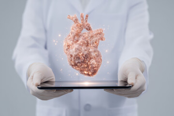 Doctor holding tablet with 3d heart hologram, medical technology concept, futuristic healthcare innovation