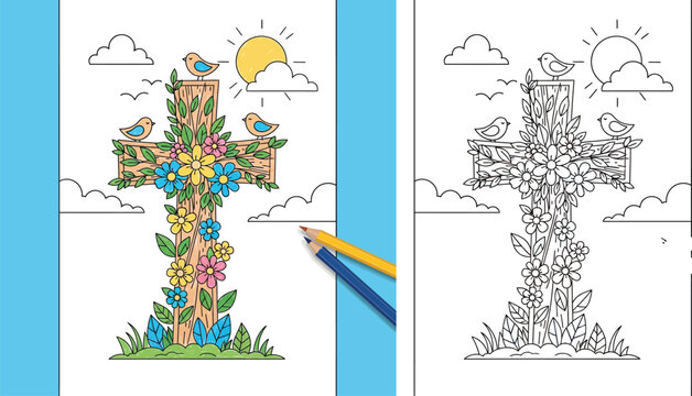 Christian wooden cross with flowers and birds coloring book page. Religious easter symbol with floral decoration and nature background vector illustration for kids education and art activity.