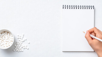 White pills notebook hand writing blank page minimal style close up medical concept
