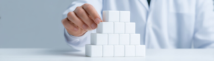 Hand white cube pyramid stacking building block person table close up minimal style modular home hand placing cube white background construction teamwork organization structure balance arrangement