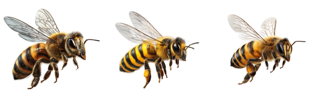 Set of Bumble Bees on  transparent png background.Ai generated