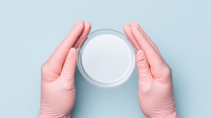 Hands gloves petri dish laboratory science experiment sterile medical research healthcare close up pink gloves transparent round container blue background protection hygiene microbiology sample
