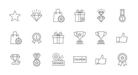 Reward and achievement icons: stars, diamonds, shopping bags, gifts, medals, trophies, thumbs up, coupons