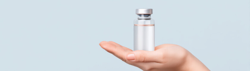 Vaccine vial held in hand with minimal style on light blue background, symbolizing medical care and health protection with clean and clear focus