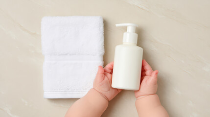 Baby hands holding white lotion bottle with white towel on beige background, minimal style close up of hands organizing baby skincare products for gentle care and softness