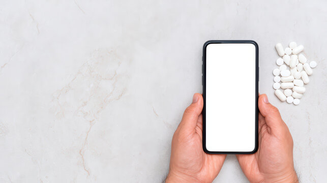 Smartphone hands white pills medication marble surface blank screen close up health technology medicine