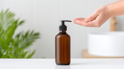 Liquid soap dispenser bottle with hand pressing pump, minimal style close up of hands refilling liquid soap into brown bottle, clean bathroom with green plant background