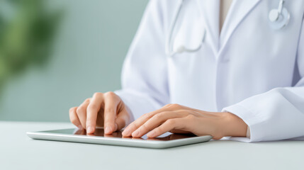 Doctor hand using tablet computer on white desk with stethoscope on neck in medical office, technology and healthcare concept