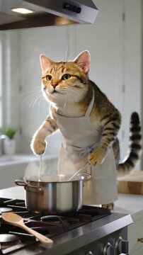 Tabby cat wearing apron cooking in domestic kitchen. Anthropomorphic feline stirring steaming pot on stove. Vertical video with panning camera movement.