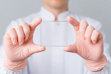Scientist hands wearing pink gloves holding transparent glass slide for laboratory analysis or research in clean environment with white background