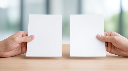 Obraz premium Two hands holding blank white paper sheets over wooden table with blurred background, minimal style close up of two hands carefully arranging clean flat element for design or presentation