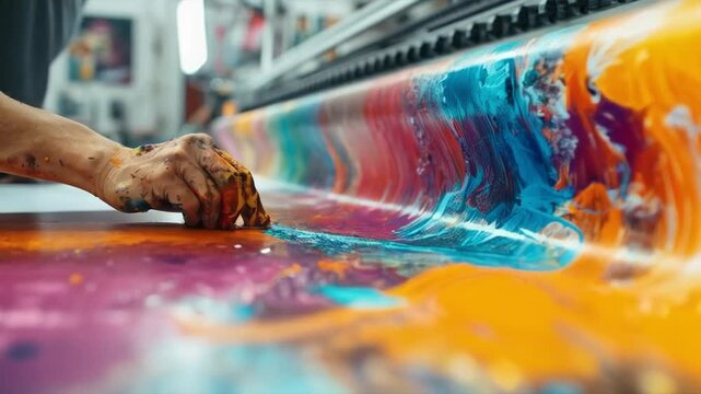 The artist's hand applies bright colours to the canvas, illustrating the creative process, which is perfect as a backdrop for painting master classes.
