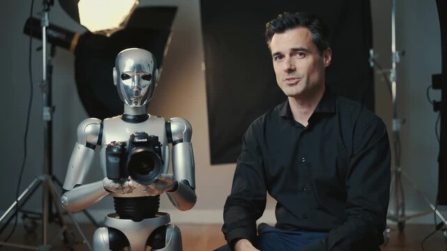 Photographer instructing humanoid robot with professional camera in photo studio. Artificial intelligence integration in creative photography industry. Lockdown medium shot.