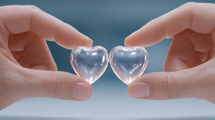 Two hands gently holding transparent heart shapes close up, symbolizing love and connection with soft lighting and calm blue background