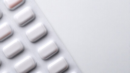 White rectangular pills in blister pack close up view with minimal style and clean background for medical or pharmaceutical concept